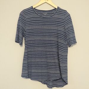 Eileen Fisher Women's Medium Organic Linen Pinstripe Hi Lo Short Sleeve Shirt